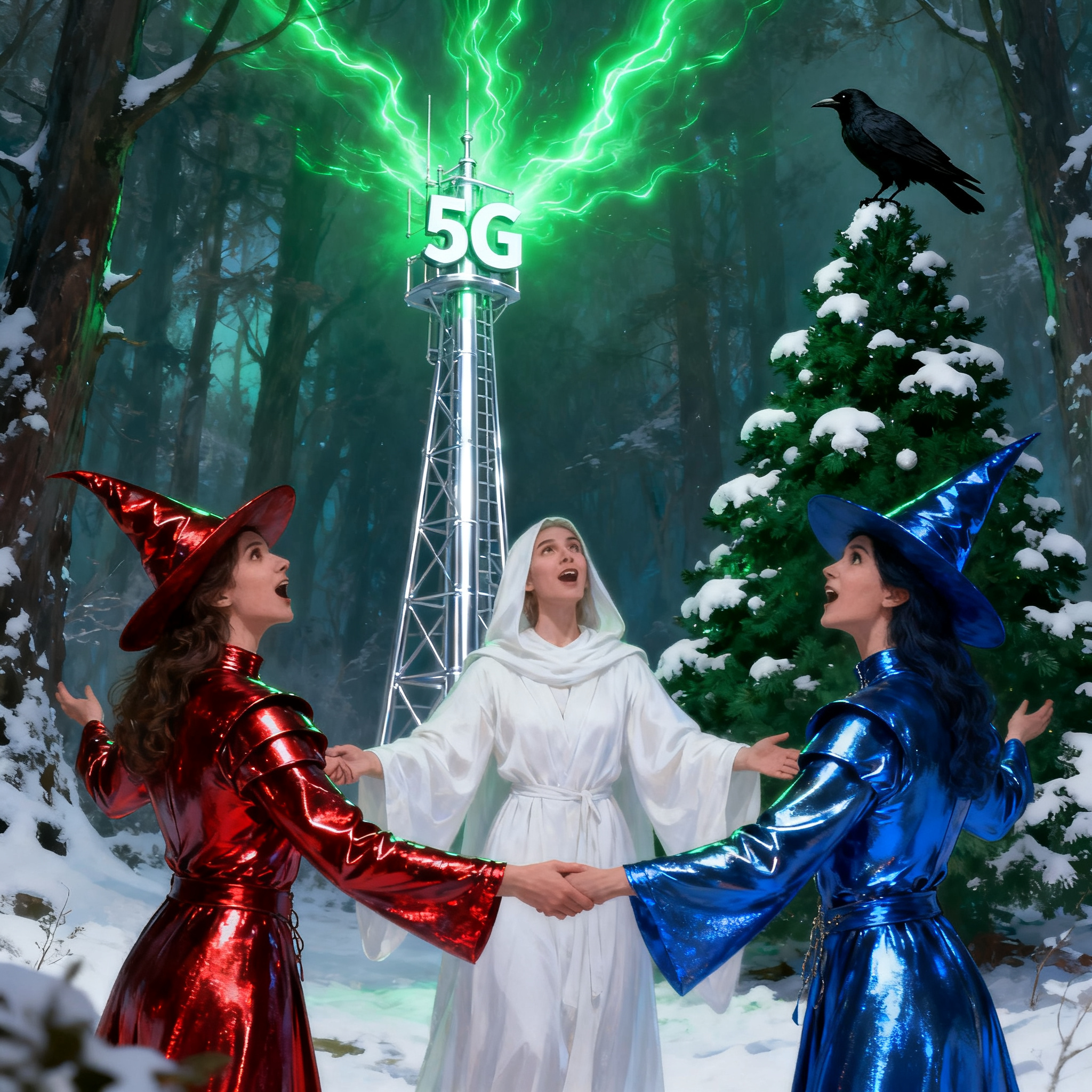 I had a dream about 3 witches chanting in unison. 

One Witch was wearing a metallic red witch outfit. 

The Second Witch was wearing a White Witch outfit. 

The Third Witch was wearing a metallic Blue Witch outfit. 

The witches were holding hands like in a seance. 

And behind them there was a tall metallic silver 5G Tower which was glowing with a vibrant green energy. 

And there was a Christmas Tree which was dark green with white snow and a real black crow at the top of the christmas tree. 